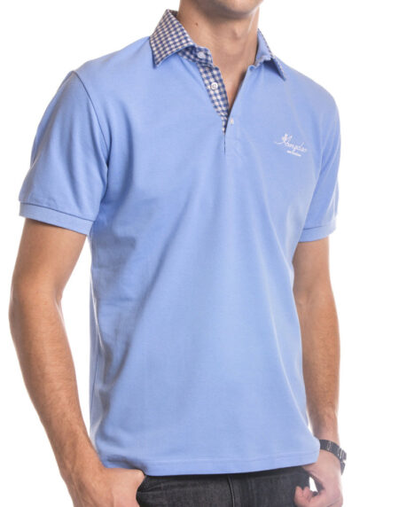 Light Blue Checkered Mens Slim Fit Polo Shirts - 100% Soft Cotton - Tailored Comfortable Fit - Amedeo Exclusive