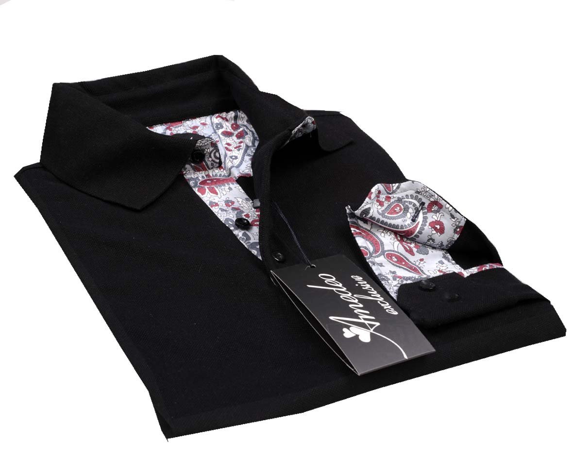 Black Paisley Mens Slim Fit Polo Shirts - 100% Soft Cotton - Tailored Comfortable Fit - Amedeo Exclusive