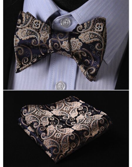 Gold Navy Blue Paisley Mens Silk Self tie Bow Tie with Pocket Squares Set - Amedeo Exclusive
