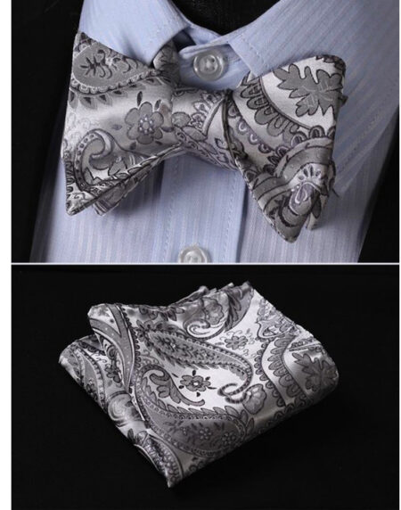 Gray Paisley Mens Silk Self tie Bow Tie with Pocket Squares Set - Amedeo Exclusive