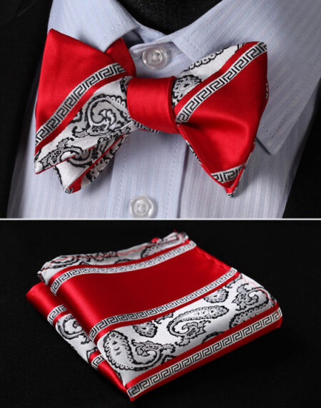 Red White Paisley Mens Silk Self tie Bow Tie with Pocket Squares Set - Amedeo Exclusive