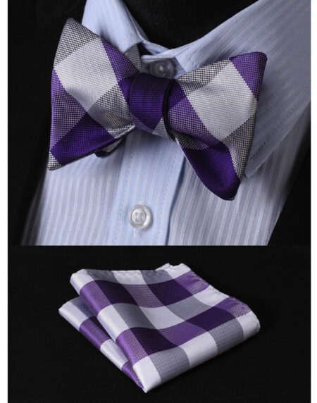 Purple Grey Check Mens Silk Self tie Bow Tie with Pocket Squares Set - Amedeo Exclusive