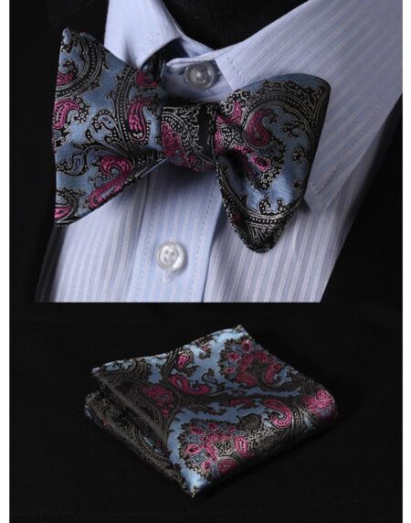 Blue & Pink Paisley Mens Silk Self tie Bow Tie with Pocket Squares Set - Amedeo Exclusive