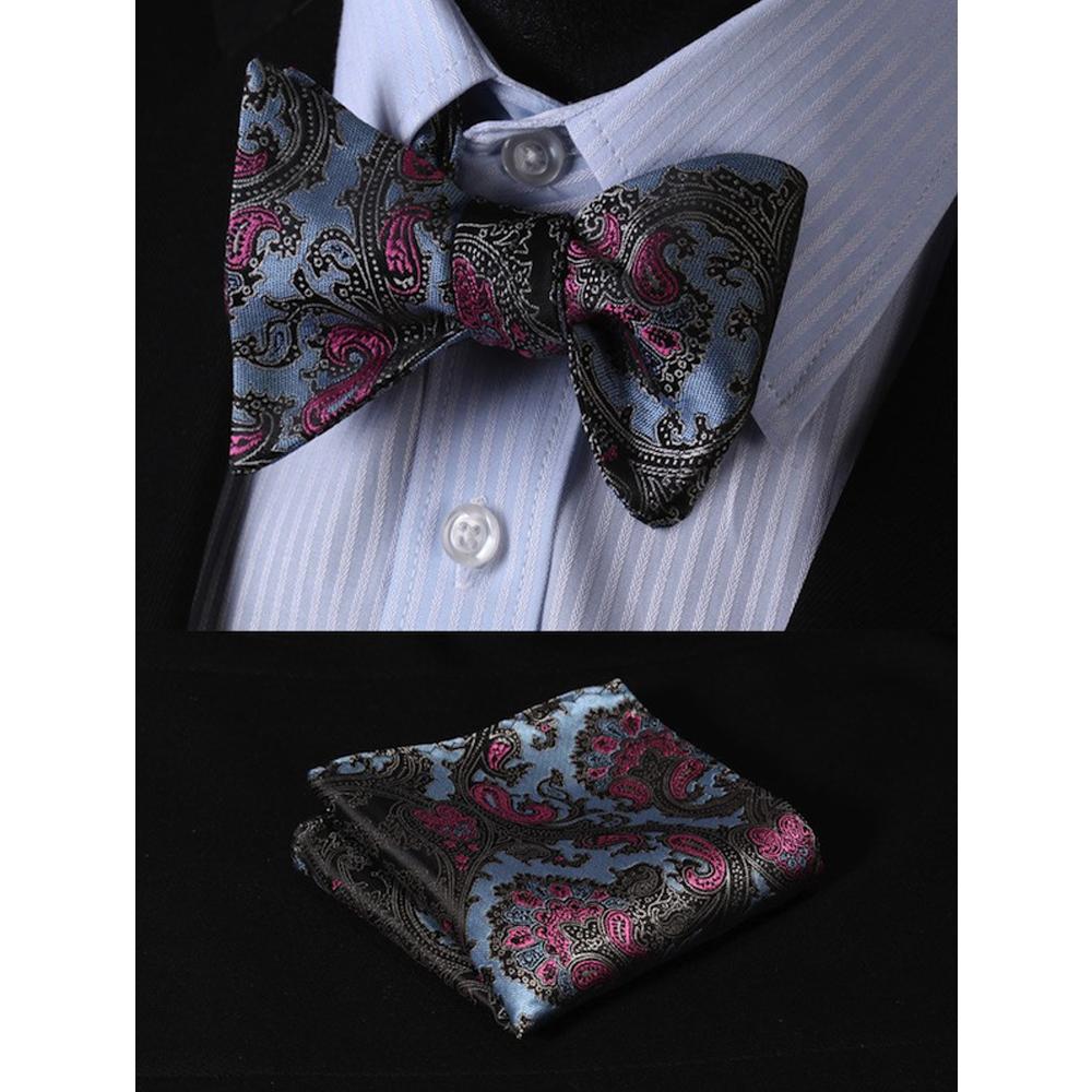 Blue & Pink Paisley Mens Silk Self tie Bow Tie with Pocket Squares Set - Amedeo Exclusive