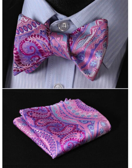 Purple Mens Silk Self tie Bow Tie with Pocket Squares Set - Amedeo Exclusive