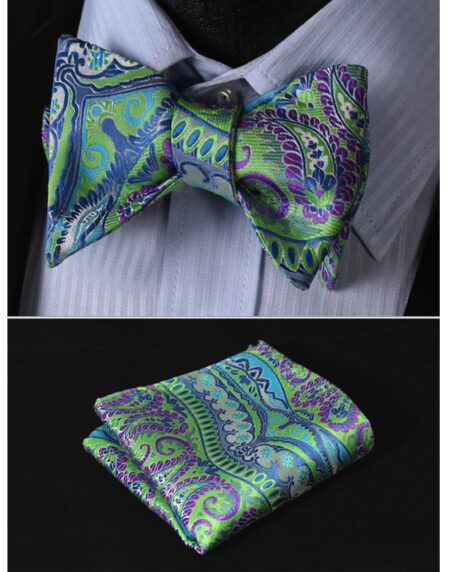 Green Light Mens Silk Self tie Bow Tie with Pocket Squares Set - Amedeo Exclusive