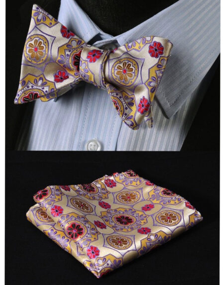 Red Gold & Yellow Floral Mens Silk Self tie Bow Tie with Pocket Squares Set - Amedeo Exclusive