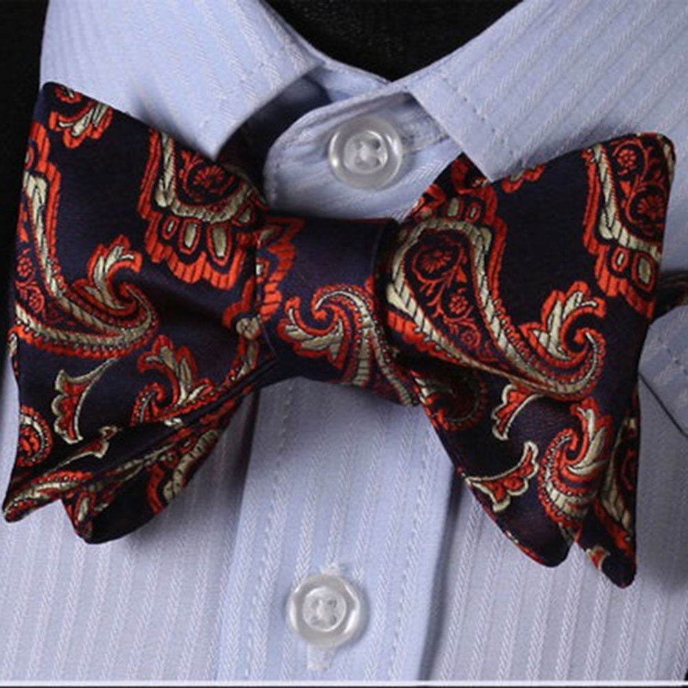 Black & Orange Paisley Mens Silk Self tie Bow Tie with Pocket Squares Set - Amedeo Exclusive