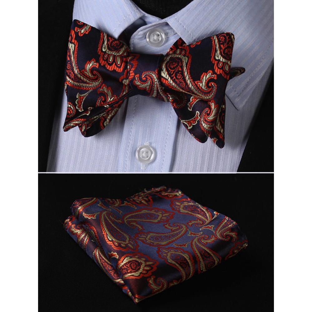 Black & Orange Paisley Mens Silk Self tie Bow Tie with Pocket Squares Set - Amedeo Exclusive