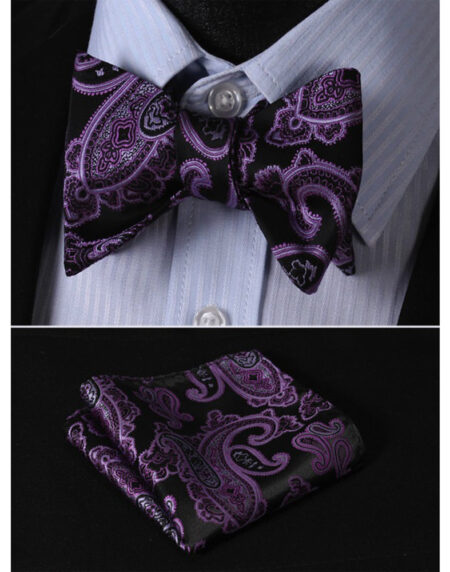 Men's Silk Purple Black Paisley Self Bow Tie & Pocket Handkerchief - Amedeo Exclusive