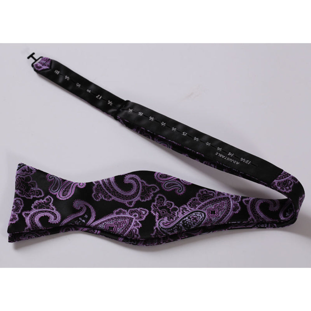 Men's Silk Purple Black Paisley Self Bow Tie & Pocket Handkerchief - Amedeo Exclusive