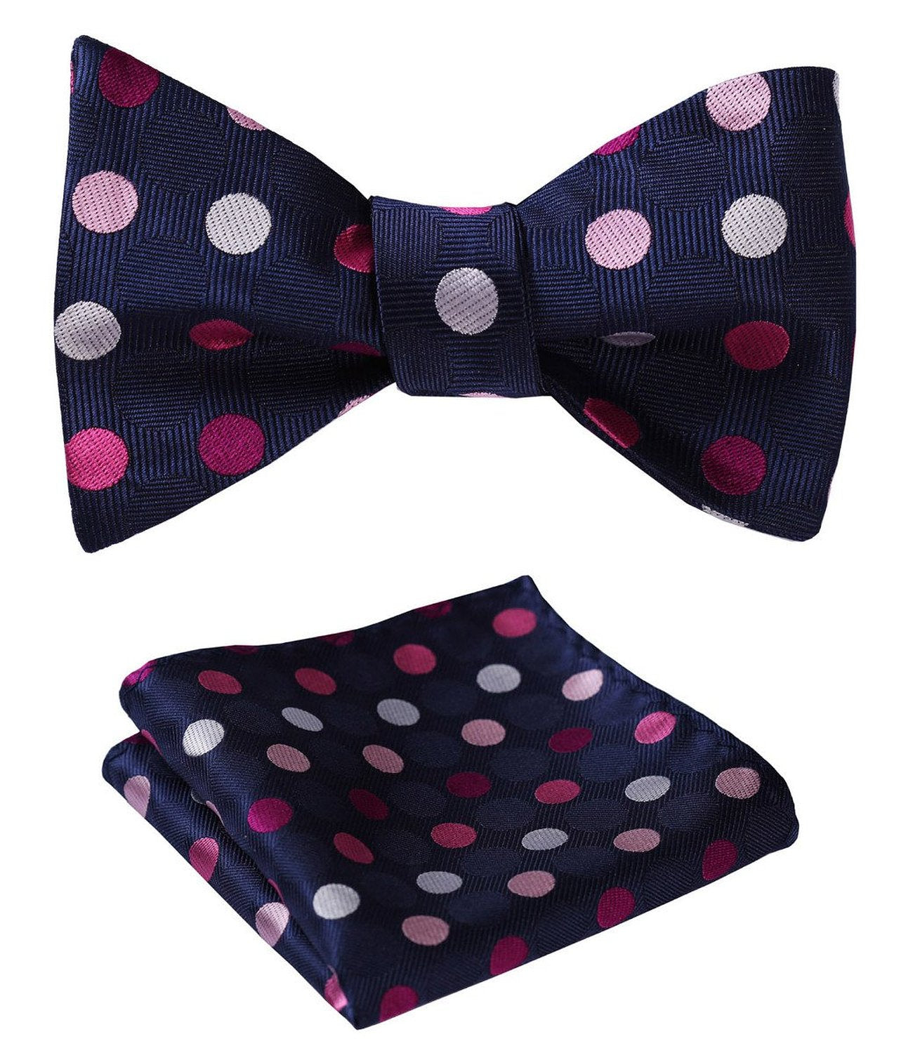 Men's Silk Pink Navy Blue Polka Dot Self Bow Tie Matching Handkerchief - Amedeo Exclusive