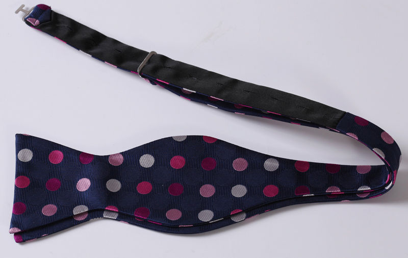 Men's Silk Pink Navy Blue Polka Dot Self Bow Tie Matching Handkerchief - Amedeo Exclusive