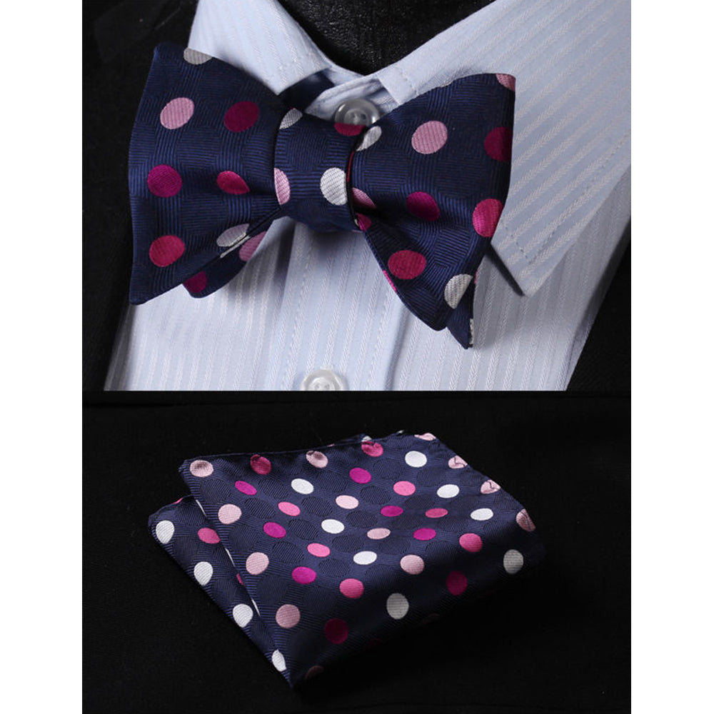 Men's Silk Pink Navy Blue Polka Dot Self Bow Tie Matching Handkerchief - Amedeo Exclusive