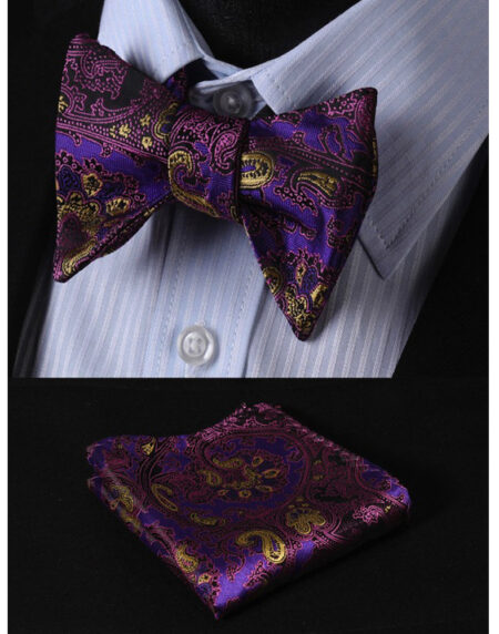 Purple & Yellow Mens Silk Self tie Bow Tie with Pocket Squares Set - Amedeo Exclusive