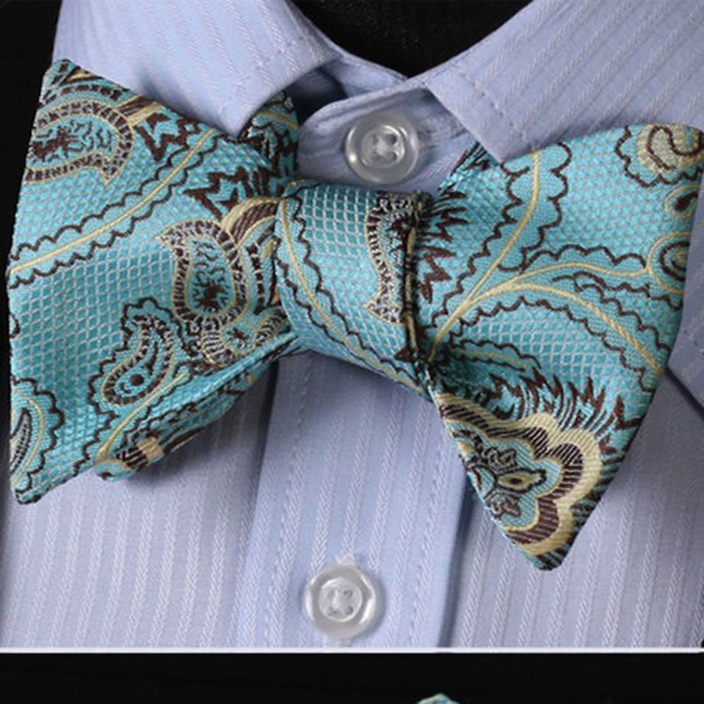 Men's Silk Paisley Self Bow Tie Matching Handkerchief - Amedeo Exclusive
