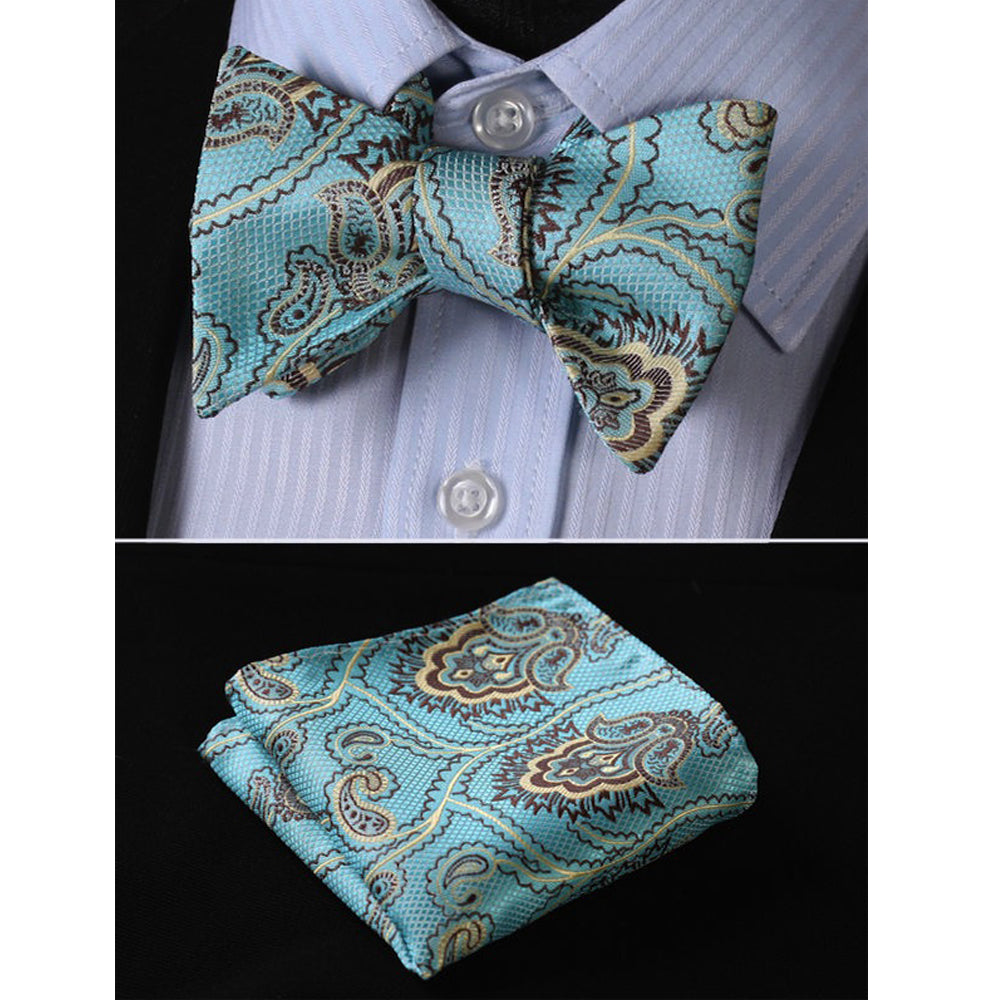 Men's Silk Paisley Self Bow Tie Matching Handkerchief - Amedeo Exclusive
