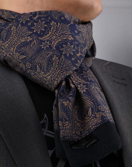 Unisex Blue Gold Paisley Soft Fashion Dress Scarves for Winter Made of Silk Blend - Amedeo Exclusive