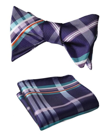 Men's Purple Aqua Orange Check Bow Tie & Pocket Handkerchief - Identical 97 - Amedeo Exclusive