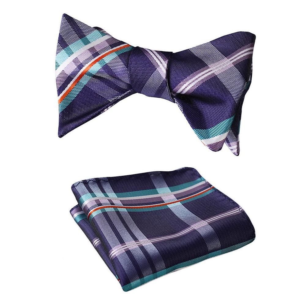Men's Purple Aqua Orange Check Bow Tie & Pocket Handkerchief - Identical 23 - Amedeo Exclusive