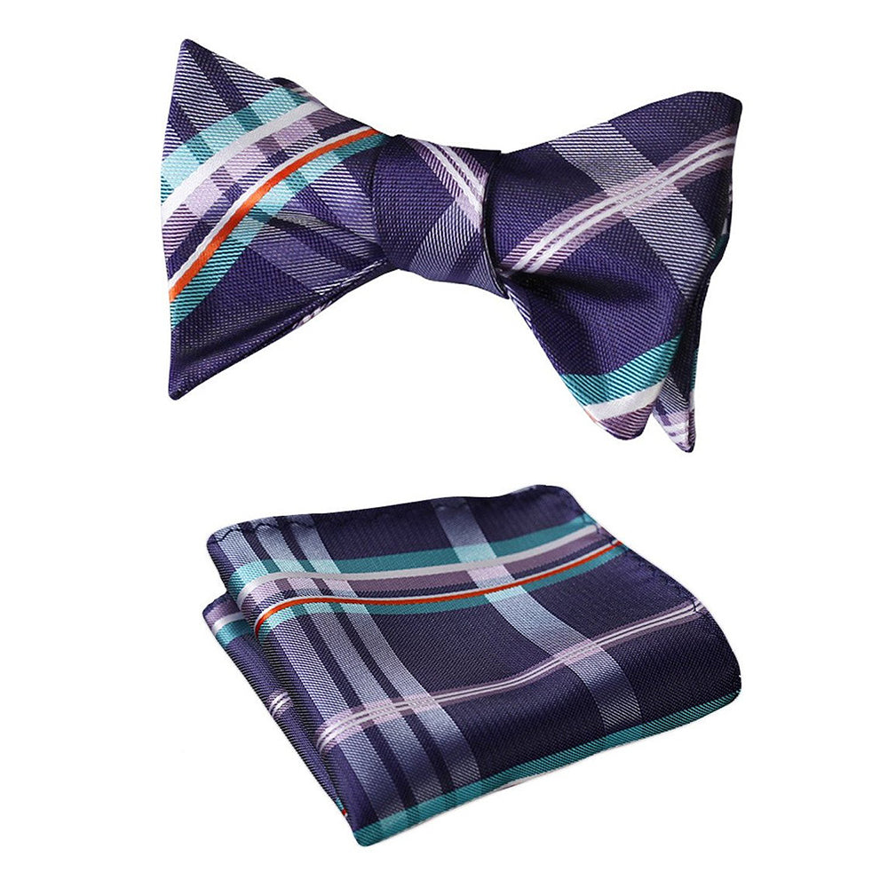 Men's Purple Aqua Orange Check Bow Tie & Pocket Handkerchief - Identical 19 - Amedeo Exclusive