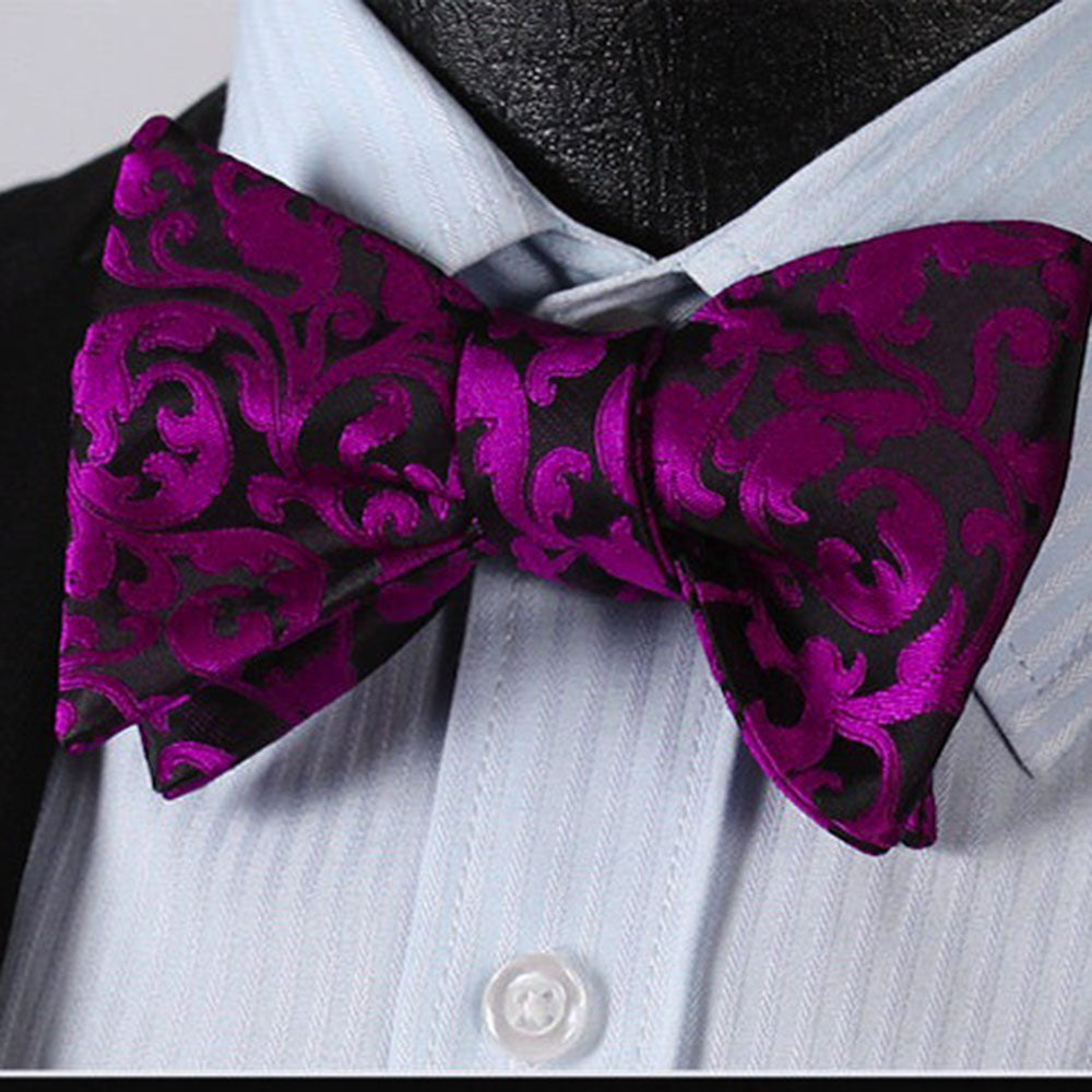 Men's Hot Purple Black Floral Silk Self Bow Tie With Handkerchief - Amedeo Exclusive
