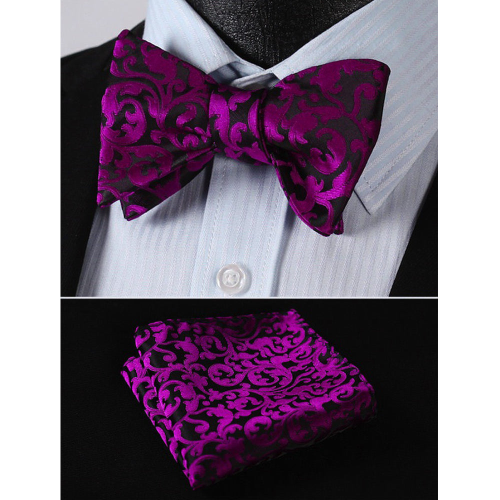 Men's Hot Purple Black Floral Silk Self Bow Tie With Handkerchief - Amedeo Exclusive