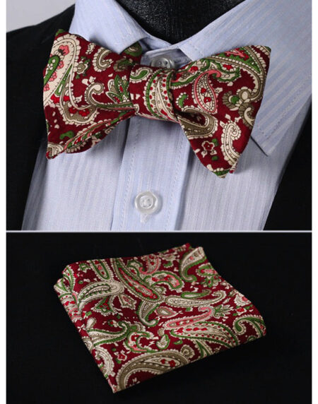 Burgundy Green Paisley Mens Silk Self tie Bow Tie with Pocket Squares Set - Amedeo Exclusive