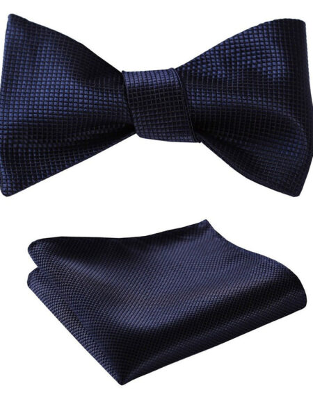 Navy Blue Check Mens Silk Self tie Bow Tie with Pocket Squares Set - Amedeo Exclusive