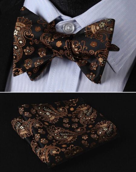 Brown Paisley Mens Silk Self tie Bow Tie with Pocket Squares Set - Amedeo Exclusive