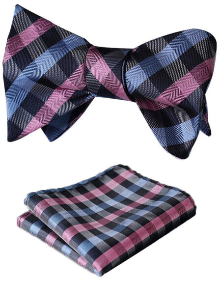 Pink Blue Mens Silk Self tie Bow Tie with Pocket Squares Set - Amedeo Exclusive