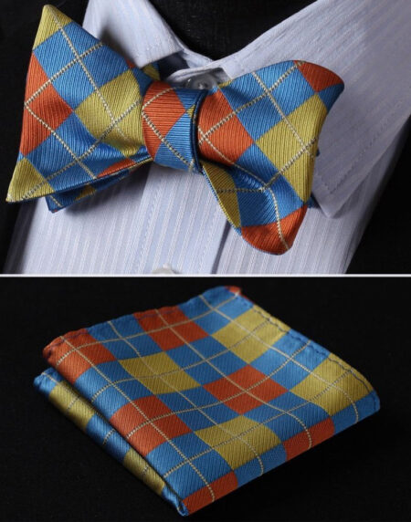 Men's Olive Orange Blue Check Silk Self Bow Tie With Handkerchief - Amedeo Exclusive