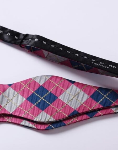 Men's Pink Gray Check Silk Self Bow Tie & Handkerchief - Amedeo Exclusive
