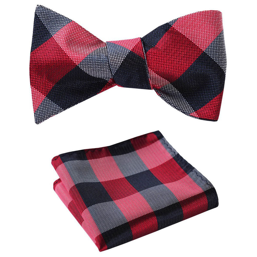 Men's Red Navy Blue Check Silk Self Bow Tie & Handkerchief - Amedeo Exclusive