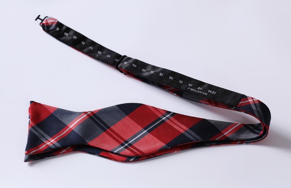 Men's Red Navy Blue Check Silk Self Bow Tie & Handkerchief - Amedeo Exclusive