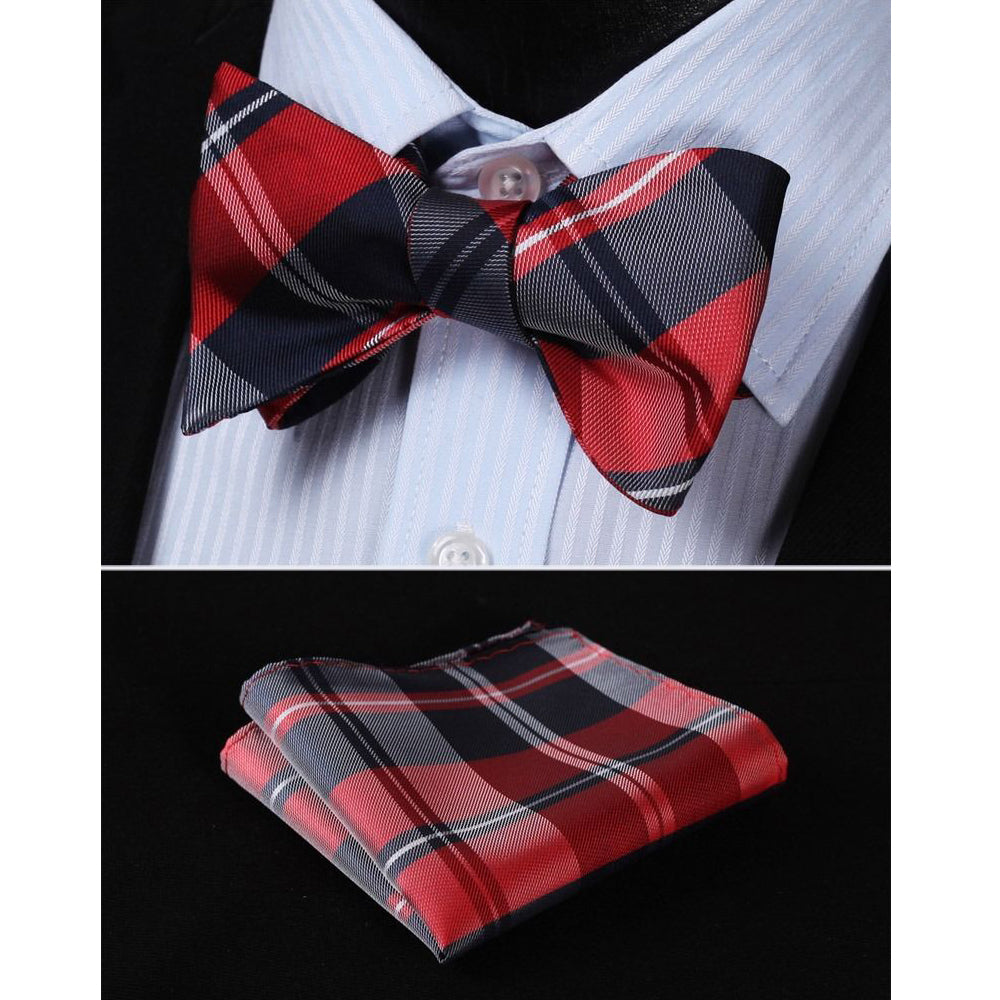 Men's Red Navy Blue Check Silk Self Bow Tie & Handkerchief - Amedeo Exclusive