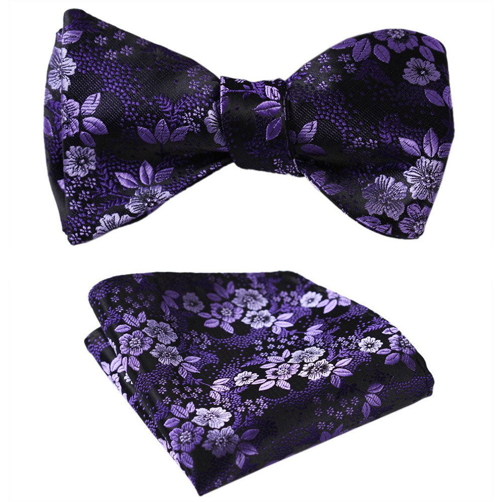 Men's Purple Floral Silk Self Bow Tie & Handkerchief - Amedeo Exclusive