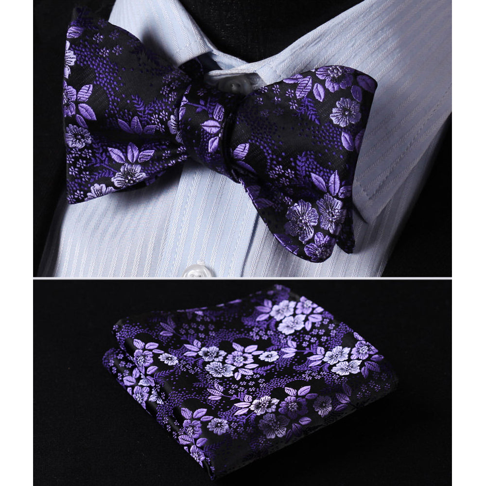 Men's Purple Floral Silk Self Bow Tie & Handkerchief - Amedeo Exclusive