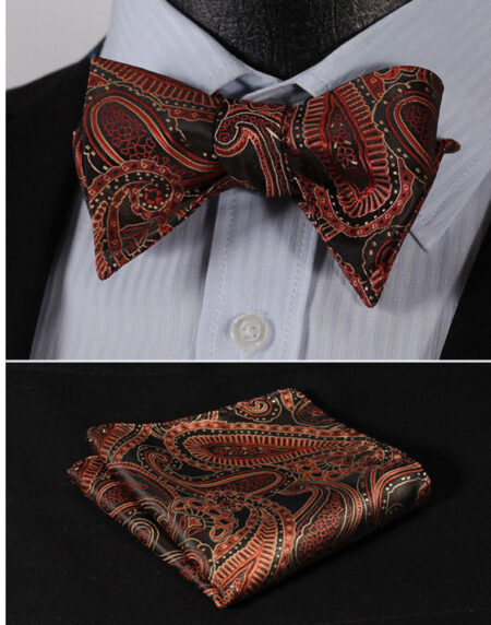 Orange Paisley Mens Silk Self tie Bow Tie with Pocket Squares Set - Amedeo Exclusive