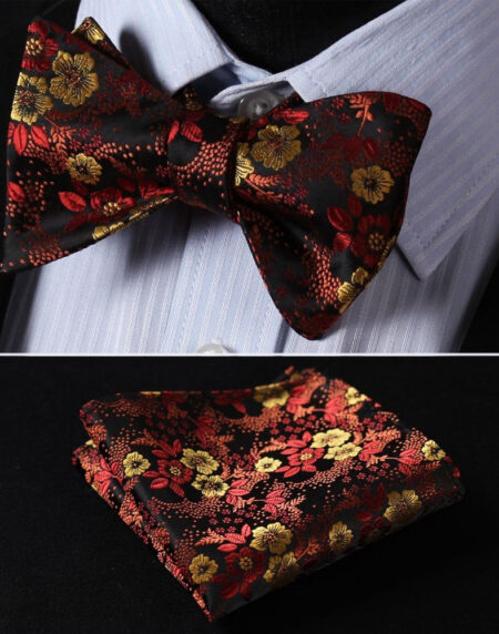Men's Silk Orange Floral Self  Bow Tie Pocket Handkerchief - Amedeo Exclusive
