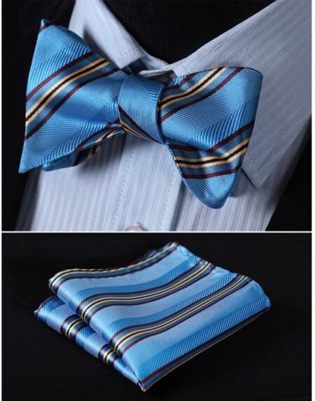 Men's Silk Blue Yellow Stripe Self  Bow Tie Pocket Handkerchief - Amedeo Exclusive