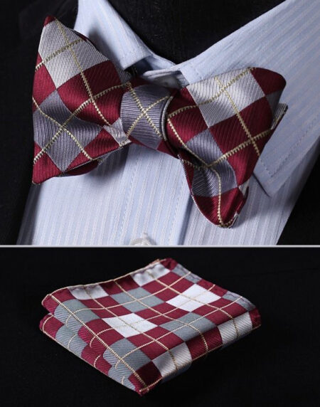 Burgundy Gray check Mens Silk Self tie Bow Tie with Pocket Squares Set - Amedeo Exclusive