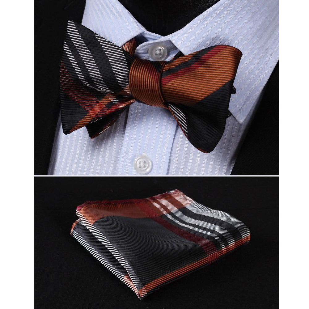 Orange Black Mens Silk Self tie Bow Tie with Pocket Squares Set - Amedeo Exclusive