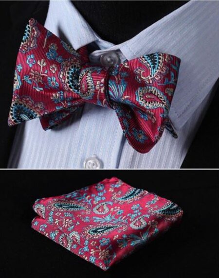 Red Blue Paisley Mens Silk Self tie Bow Tie with Pocket Squares Set - Amedeo Exclusive
