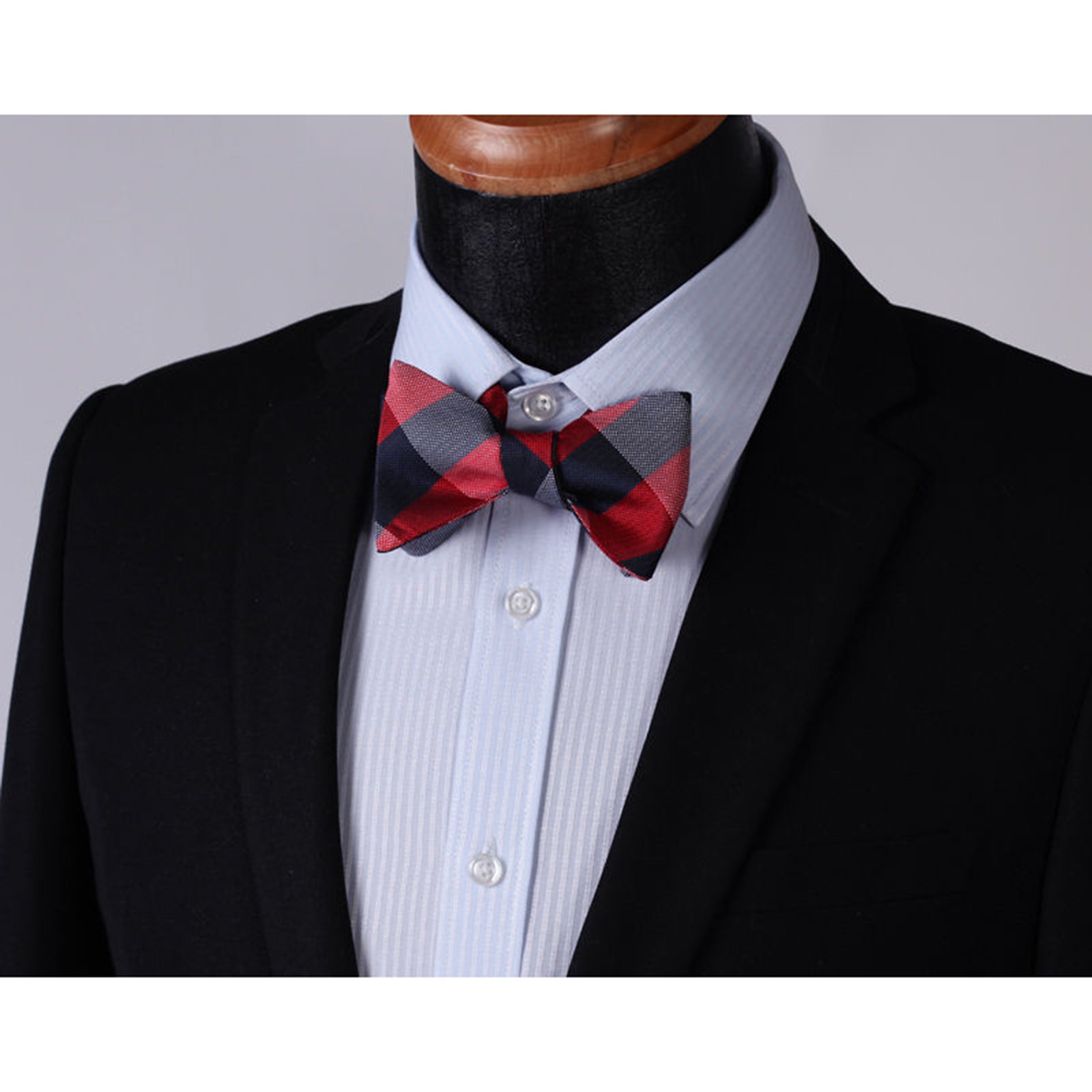 Red Navy Check Mens Silk Self tie Bow Tie with Pocket Squares Set - Amedeo Exclusive