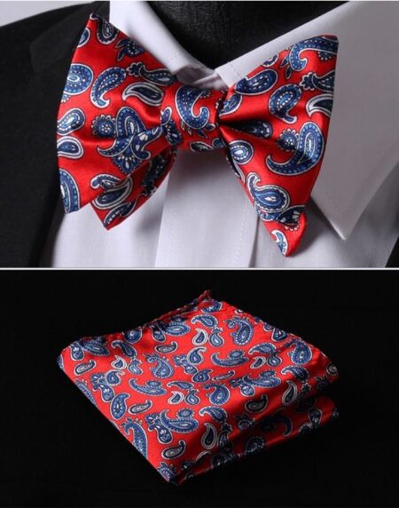 Hot Red Blue Pailsey Mens Silk Self tie Bow Tie with Pocket Squares Set - Amedeo Exclusive