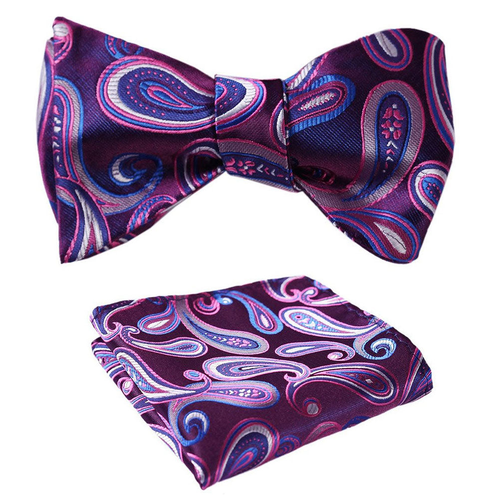 Purple Blue Paisley Mens Silk Self tie Bow Tie with Pocket Squares Set - Amedeo Exclusive