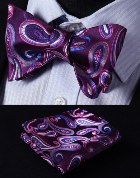Purple Blue Paisley Mens Silk Self tie Bow Tie with Pocket Squares Set - Amedeo Exclusive