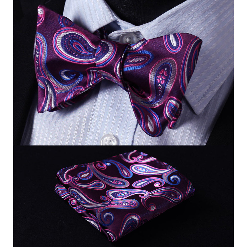 Purple Blue Paisley Mens Silk Self tie Bow Tie with Pocket Squares Set - Amedeo Exclusive