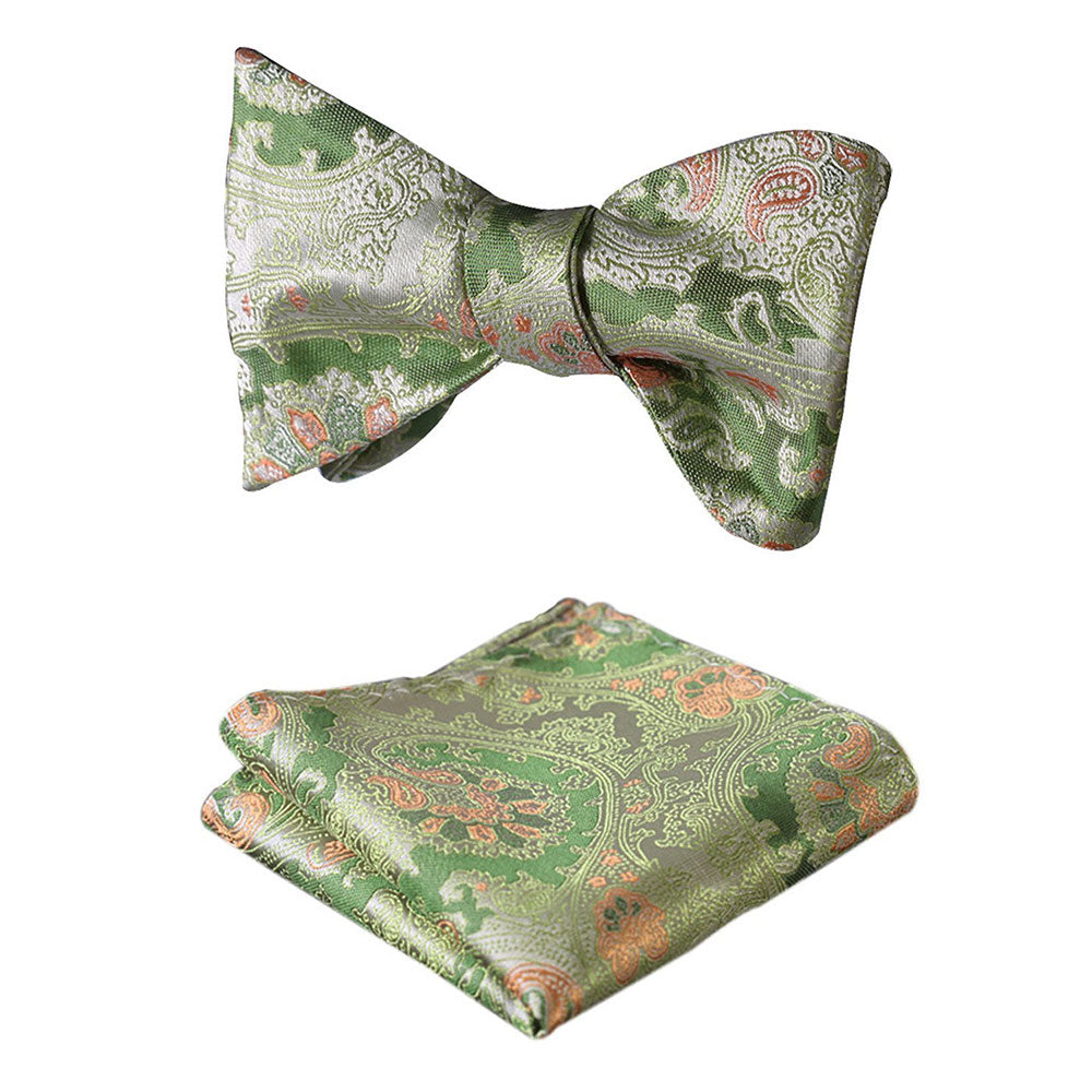 Green Yellow Floral Mens Silk Self tie Bow Tie with Pocket Squares Set - Amedeo Exclusive